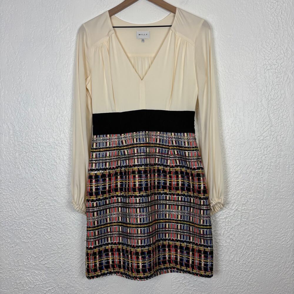 Milly Nicola Deep V-Neck Silk Tweed Long Sleeve Dress Career Size 6